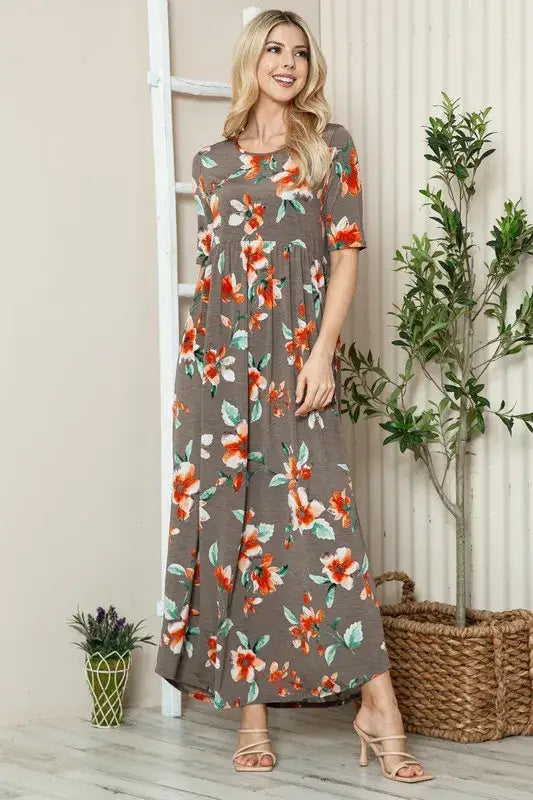 BOMBOM Floral Round Neck Short Sleeve Maxi Tee Dress - dress