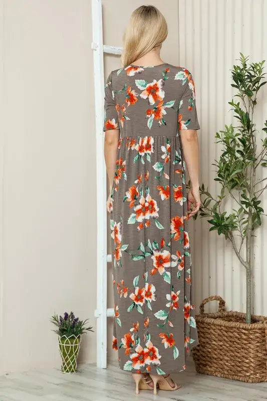 BOMBOM Floral Round Neck Short Sleeve Maxi Tee Dress - dress