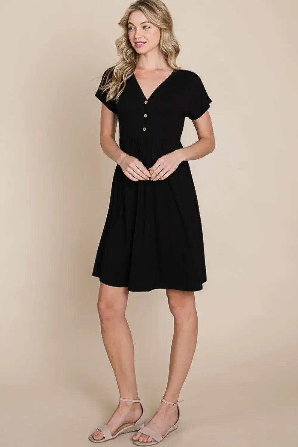Black BOMBOM V-Neck Short Sleeve Dress with flared skirt made of soft rayon spandex