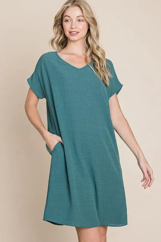 BOMBOM V-Neck Short Sleeve Dress with Pockets - Teal / S - dress