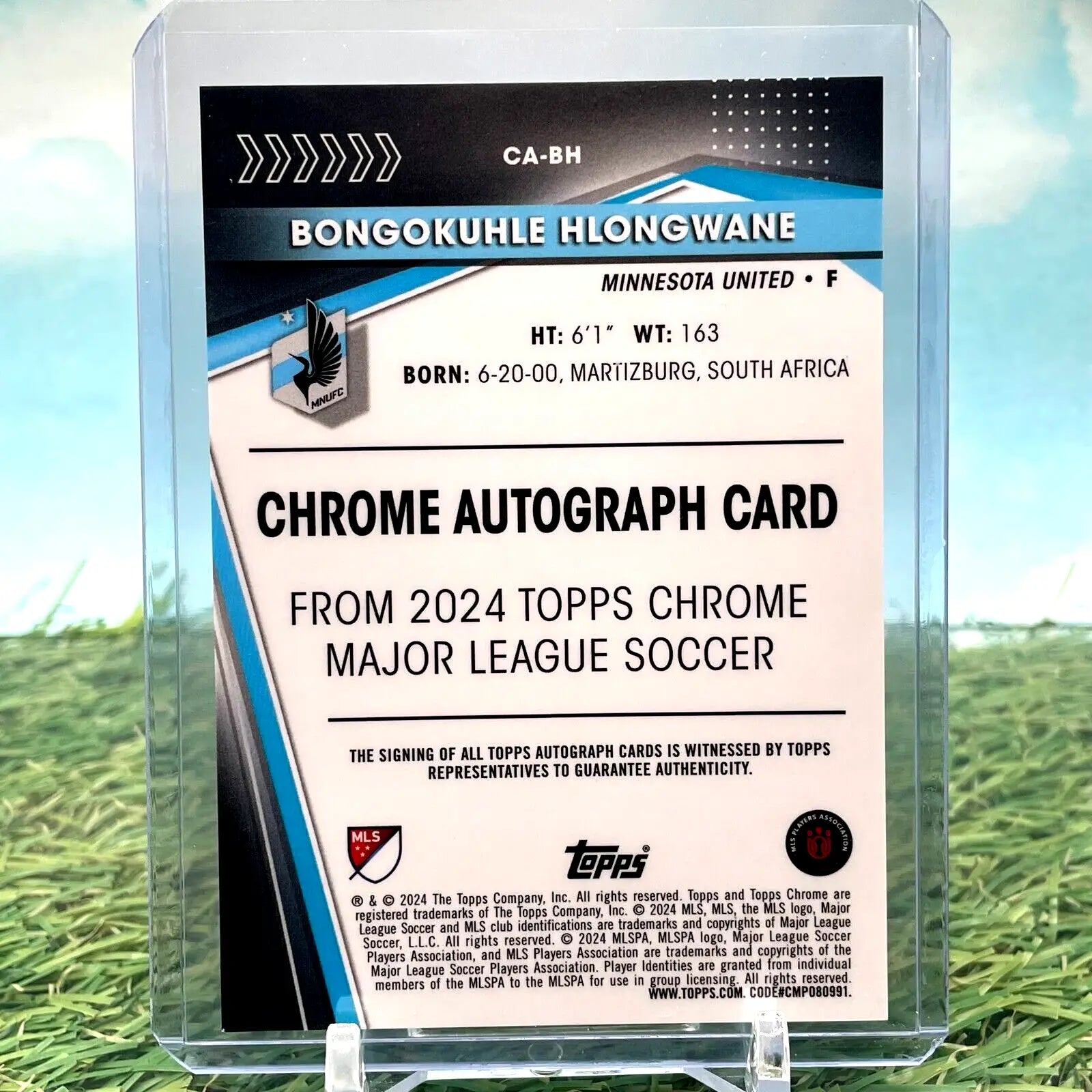Bongokuhle Hlongwane 2024 Topps Chrome autograph card featuring a chrome refractor design