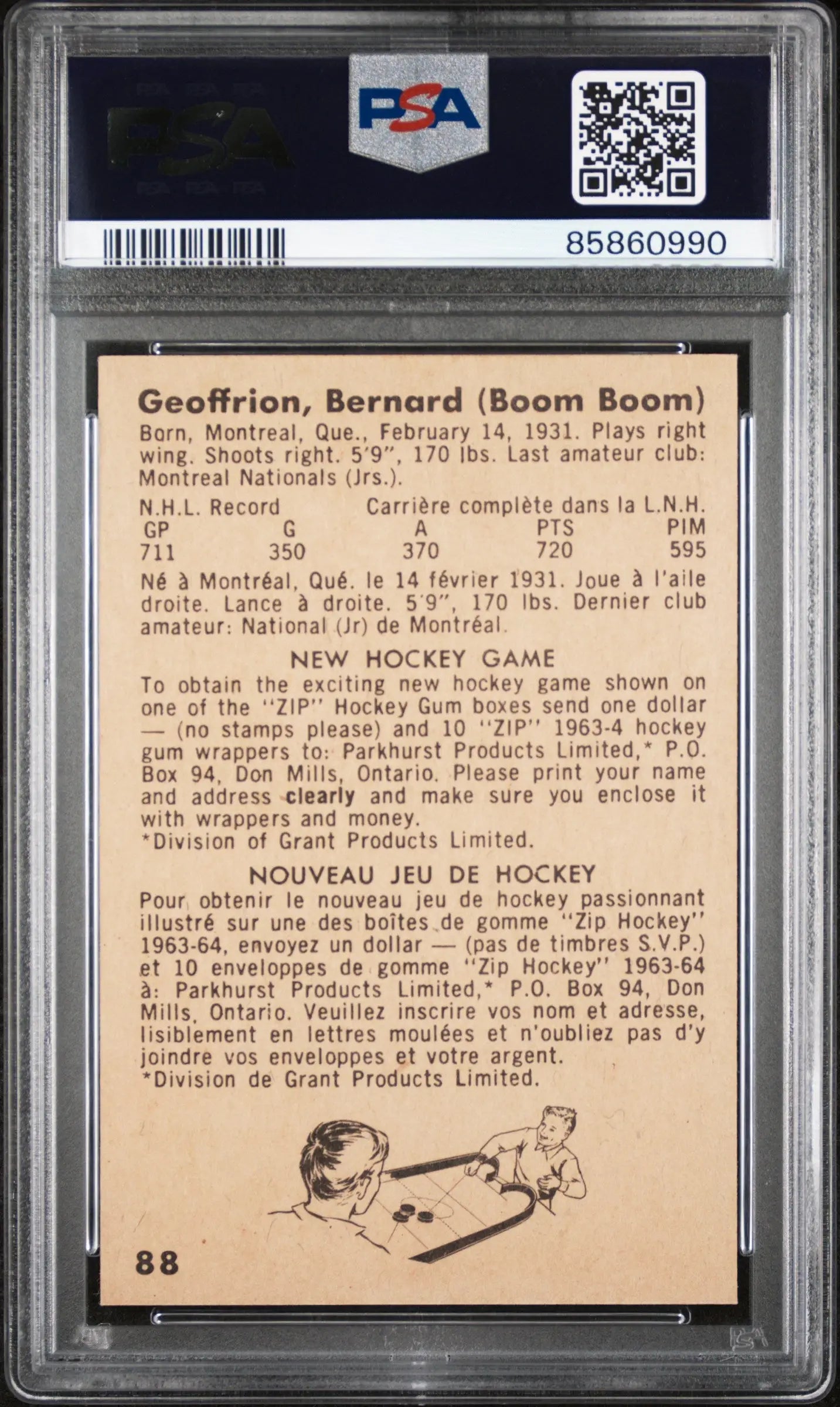 Vintage Boom Boom Geoffrion trading card in PSA holder, 1963 Parkhurst #88 PSA 8 Nm-Mint