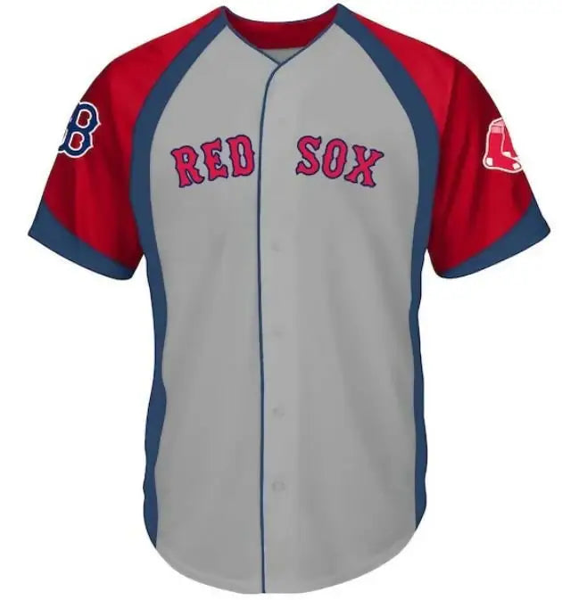 Red Sox baseball jersey in gray and navy with full snap design and colorblock style