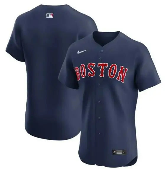 Navy blue Boston Red Sox Nike Alternate Elite baseball jersey displayed