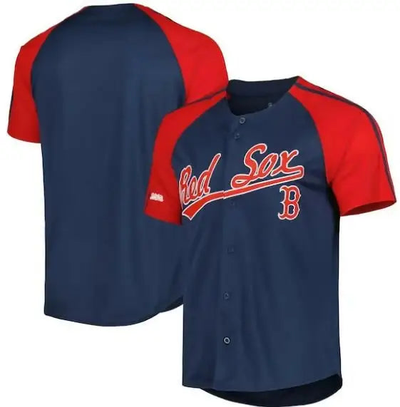 Red Sox baseball jersey displayed in Boston Red Sox Stitches Navy raglan fashion jersey