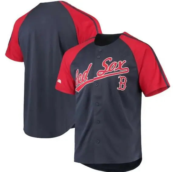 Red Sox navy baseball jersey with buttons and raglan sleeves displayed