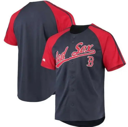 Red Sox navy baseball jersey with buttons and raglan sleeves displayed