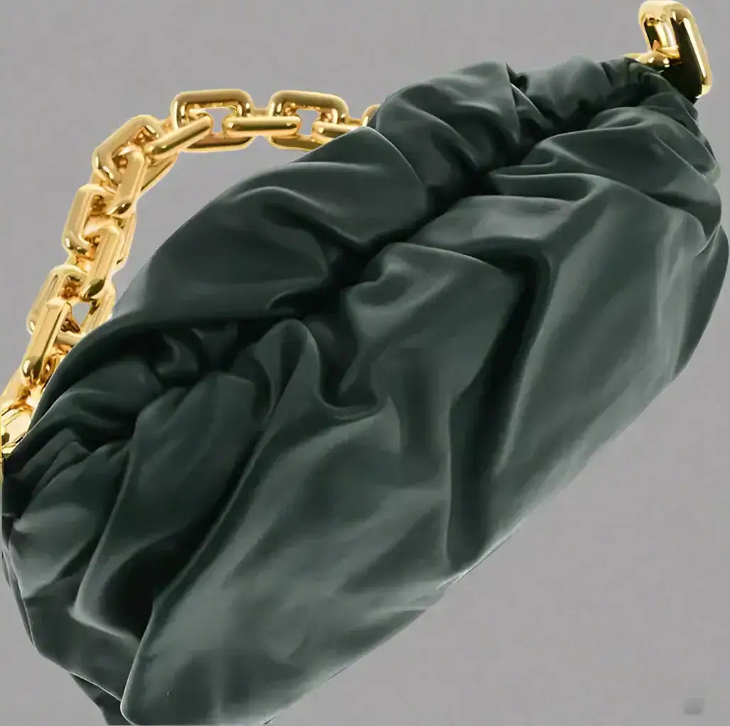 Dark green leather ruched handbag with gold-tone chunky chain strap for Bottega Veneta