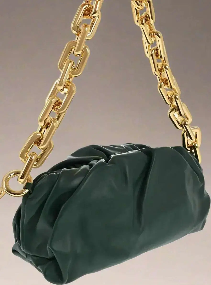 Dark green leather Bottega Veneta THE CHAIN POUCH bag with gold chain strap