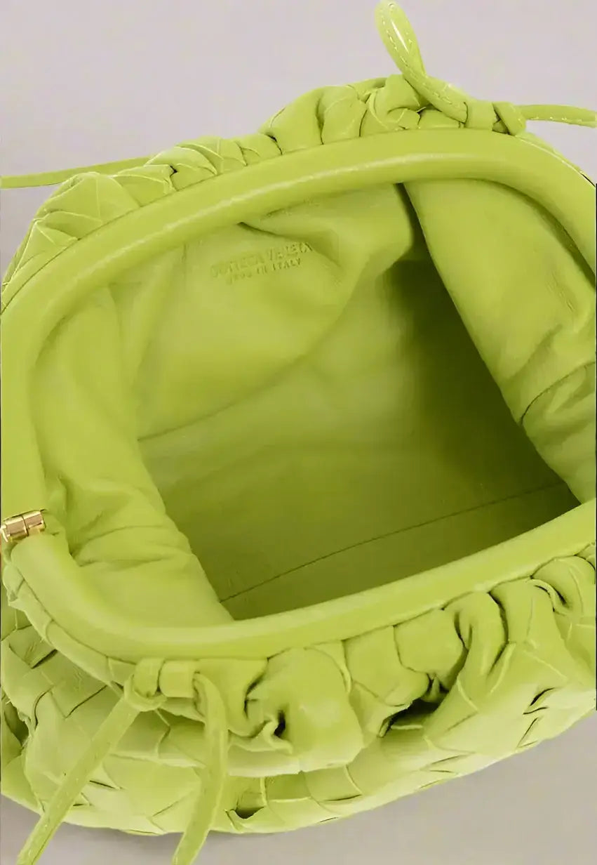 Bottega Veneta lime green woven leather mini pouch bag with drawstring closure