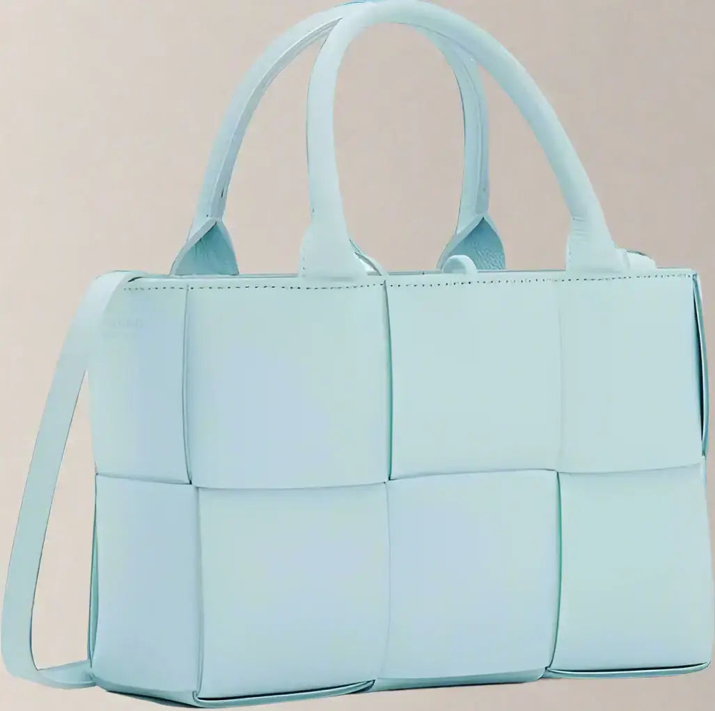Light blue woven leather BOTTEGA VENETA Arco Mini Tote bag with top handles and shoulder strap