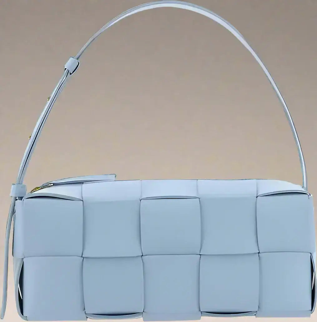 Light blue woven leather shoulder bag from BOTTEGA VENETA Women’s Small Brick Cassette collection