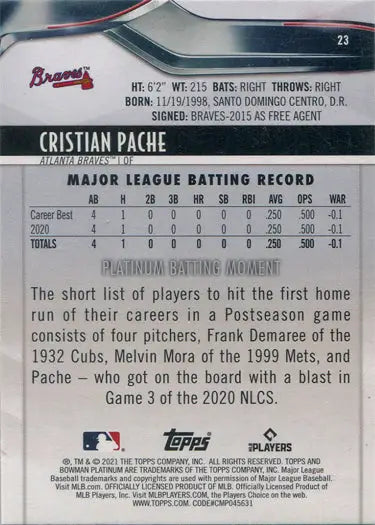 Cristian Pache baseball card with player stats in Bowman Platinum Ice Foil Parallel design