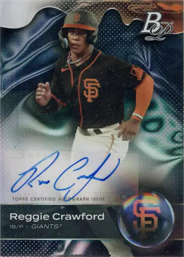 Signed Reggie Crawford baseball card in black uniform from Bowman Platinum 2023