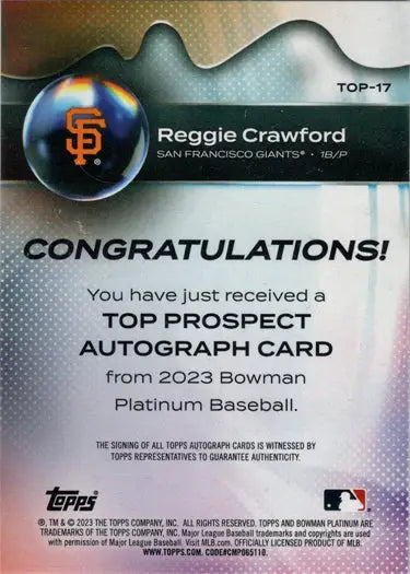 San Francisco Giants Reggie Crawford autograph card from 2023 Bowman Platinum Baseball Cards