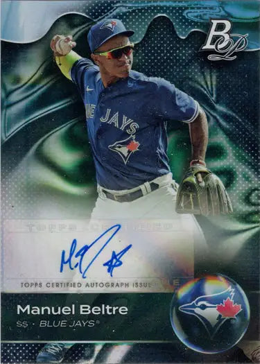 Signed Manuel Beltre Toronto Blue Jays trading card on dark green swirled background
