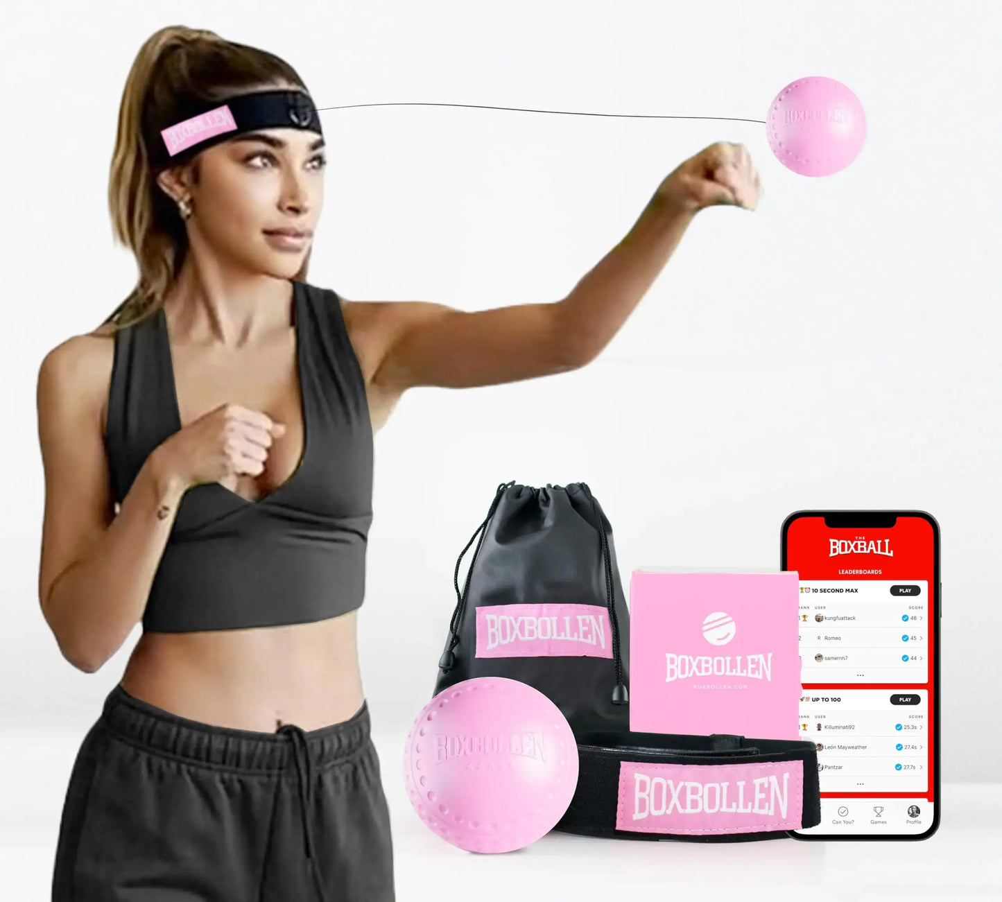 Boxbollen Pink boxing reflex ball training set with adjustable strap and interactive app