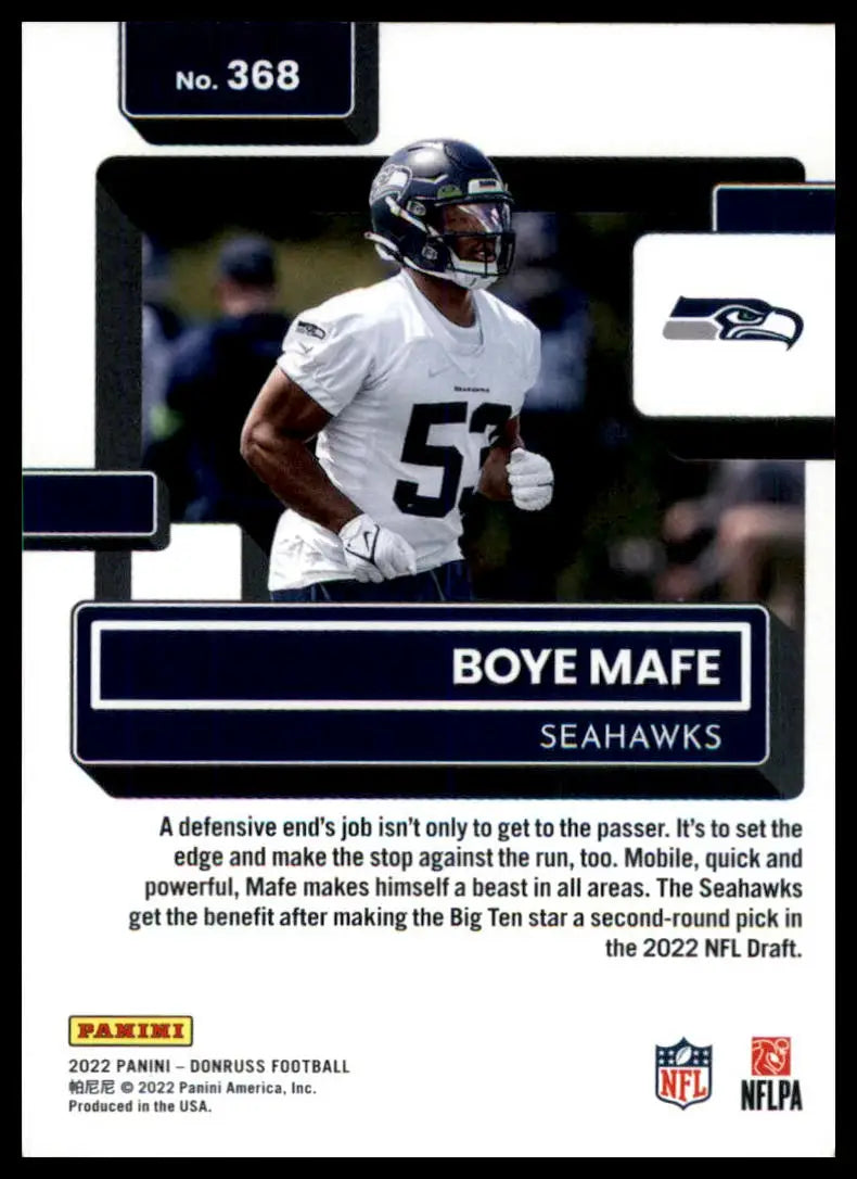 Boye Mafe football card from 2022 Donruss Rookie series featuring Seattle Seahawks player