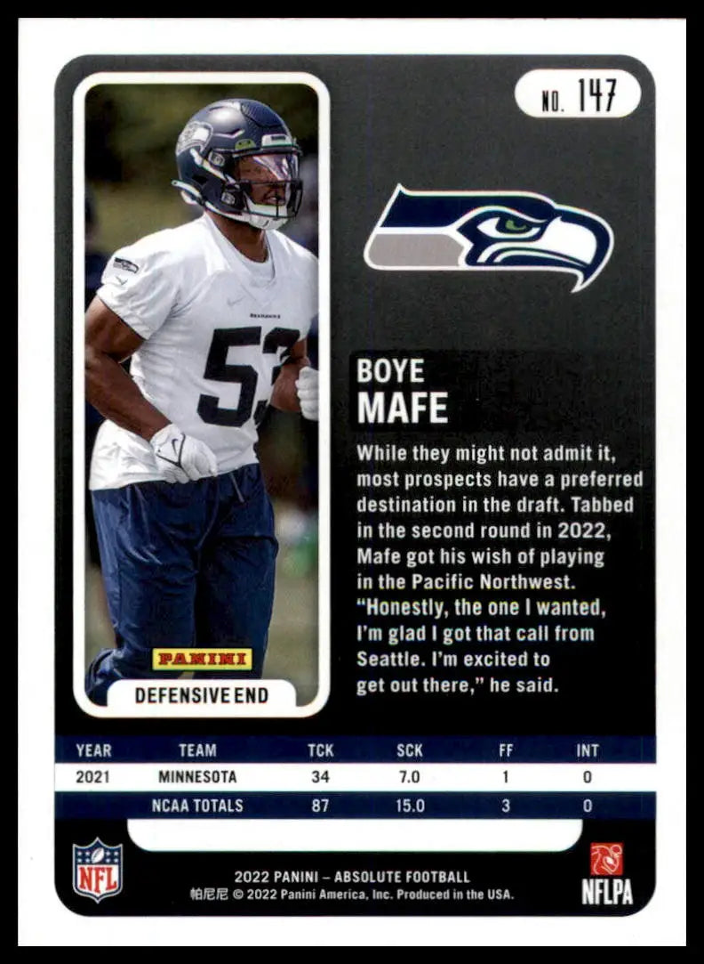 Boye Mafe rookie football card from Panini Absolute 2022 Seahawks product opportunity