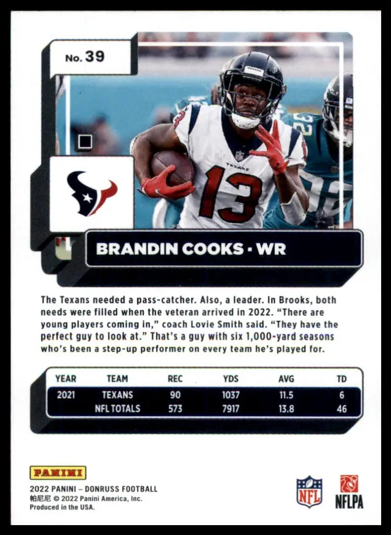 Brandin Cooks football card from 2022 Donruss Houston Texans series