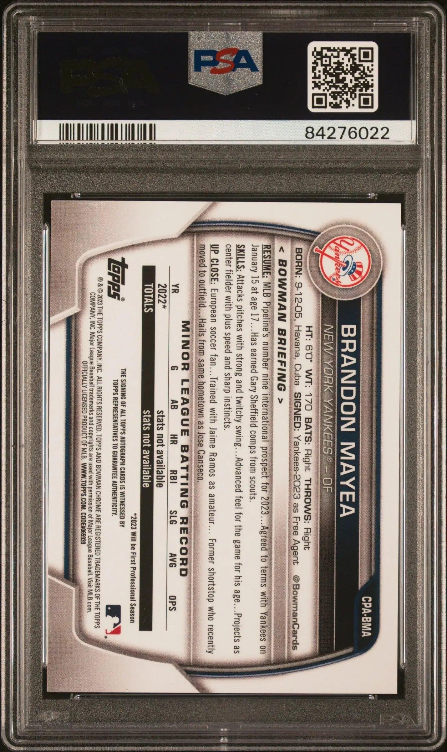 Back of Brandon Mayea 2023 Bowman Chrome Blue Raywave Auto #89/150 PSA 10 card