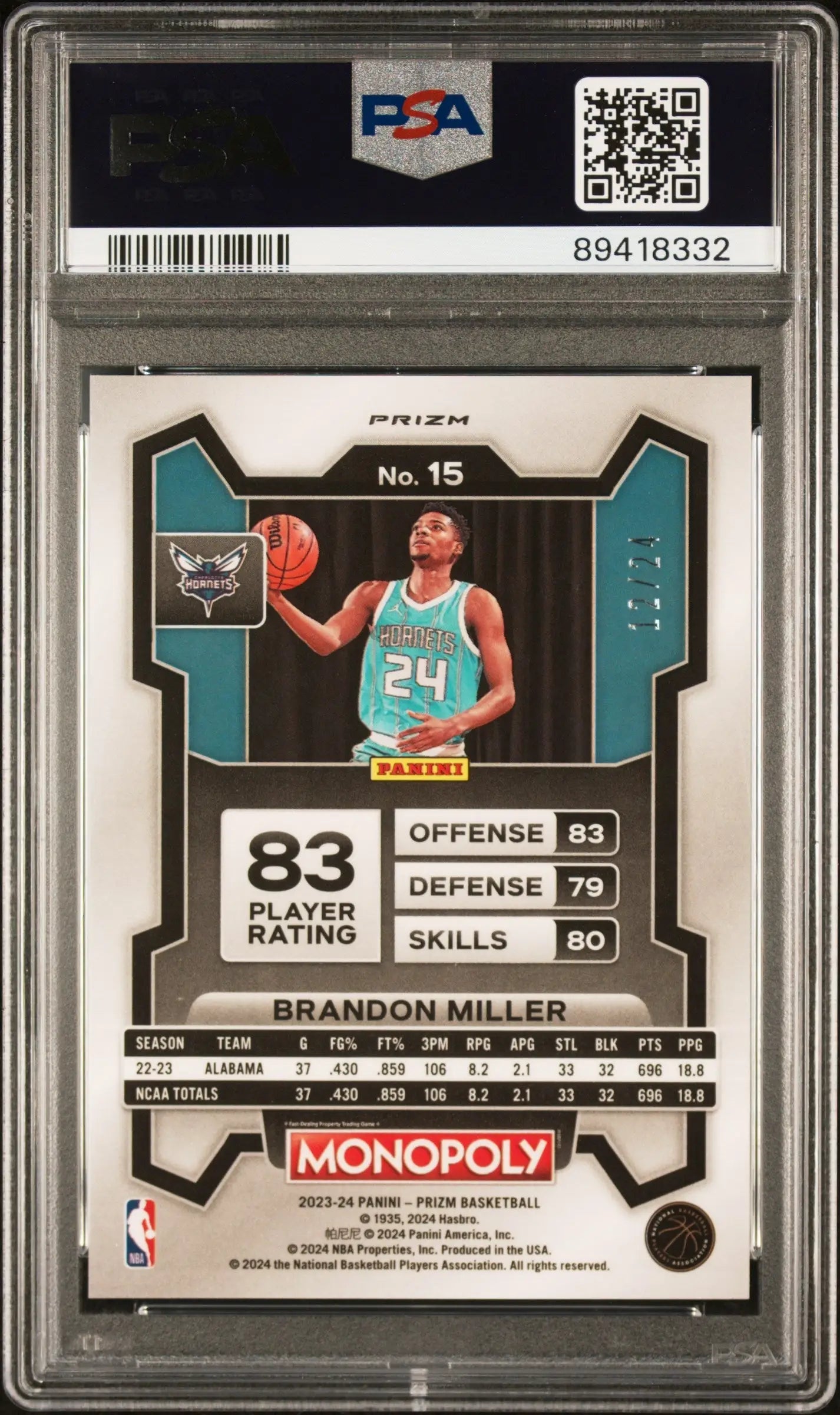 Graded Brandon Miller Panini Prizm Monopoly basketball trading card PSA 10 Gem Mint