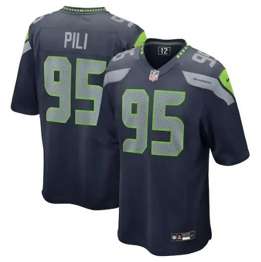 Dark blue Seattle Seahawks Brandon Pili Nike football jersey with neon green 95 and PILI