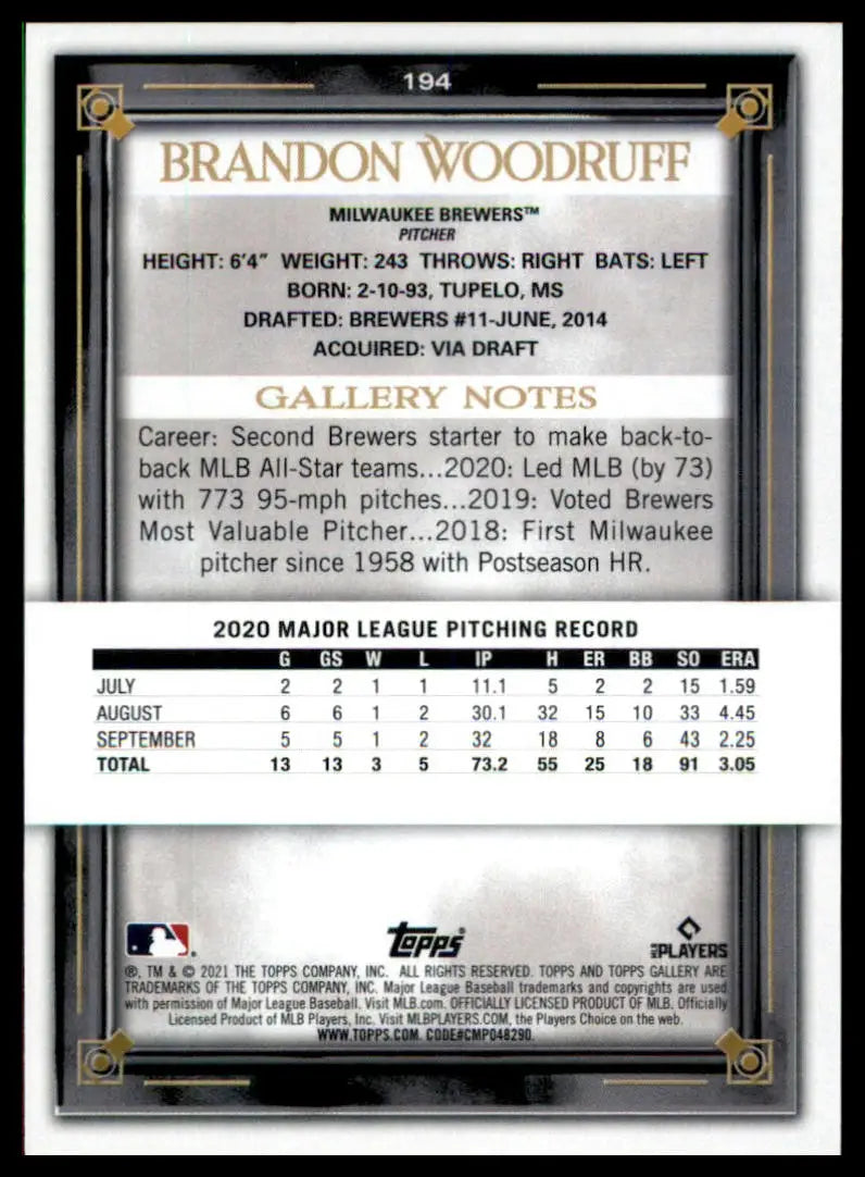 Back of Brandon Woodruff 2021 Topps Gallery baseball card featuring Milwaukee Brewers player