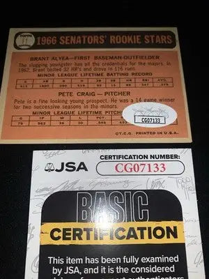 Authentic Brant Alyea 1966 Topps Baseball Trading Card with JSA autograph authentication
