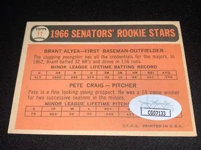 Brant Alyea 1966 Topps baseball trading card featuring Rookie Stars design and autograph