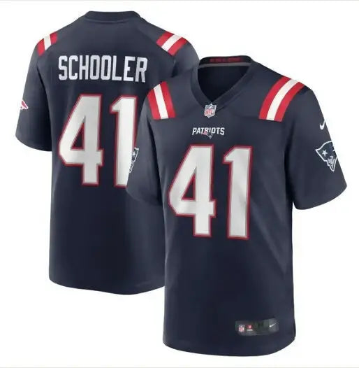 Navy blue New England Patriots football jersey with number 41, Brenden Schooler Nike jersey