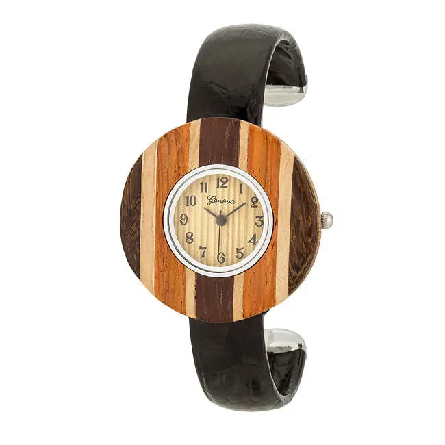 Brenna Black Wood Inspired Leather Cuff Watch - Watches