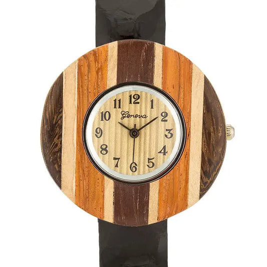 Brenna Black Wood Inspired Leather Cuff Watch - Watches