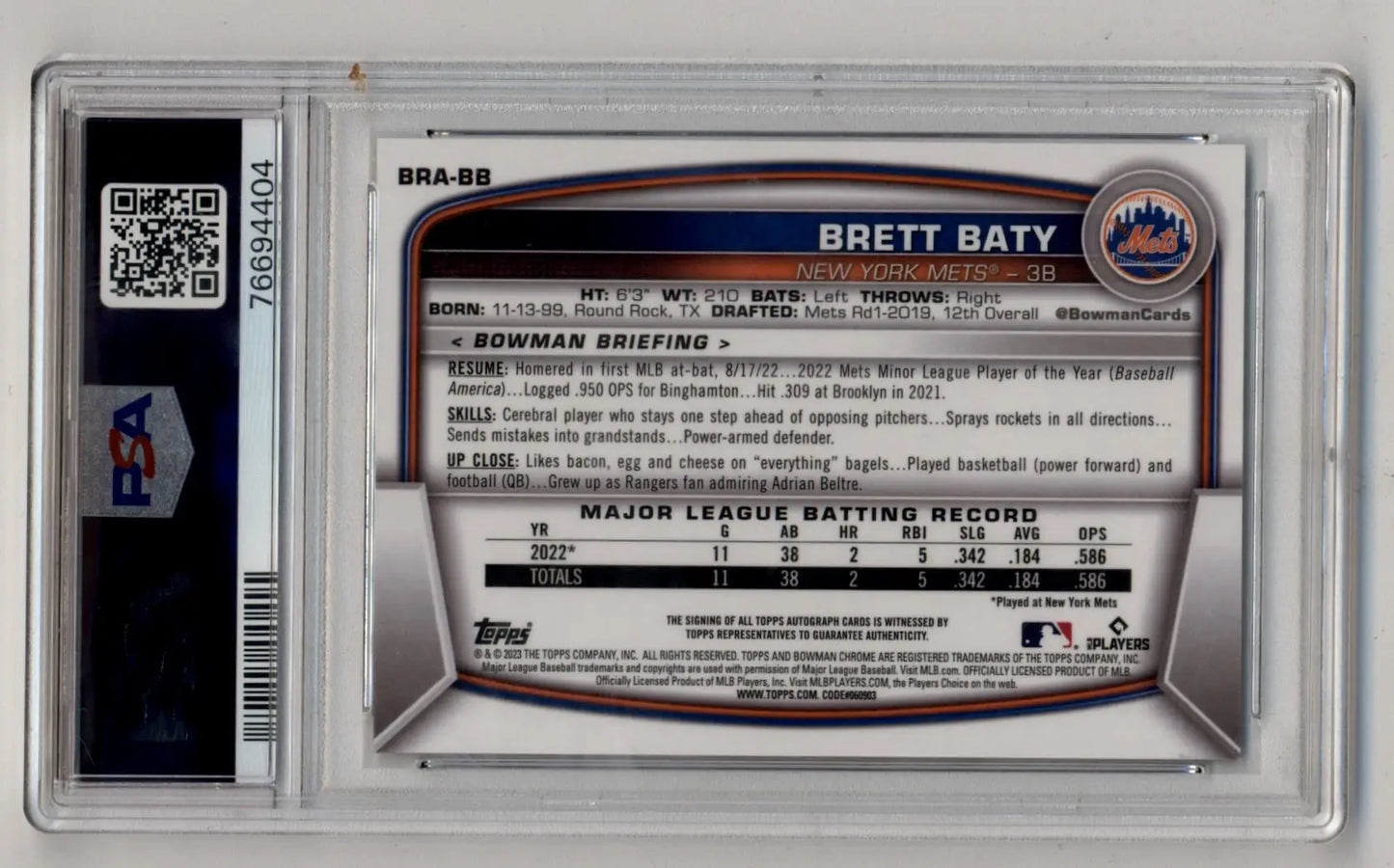 Graded Brett Baty Bowman Chrome Mega rookie card PSA 10 auto in chrome mega box