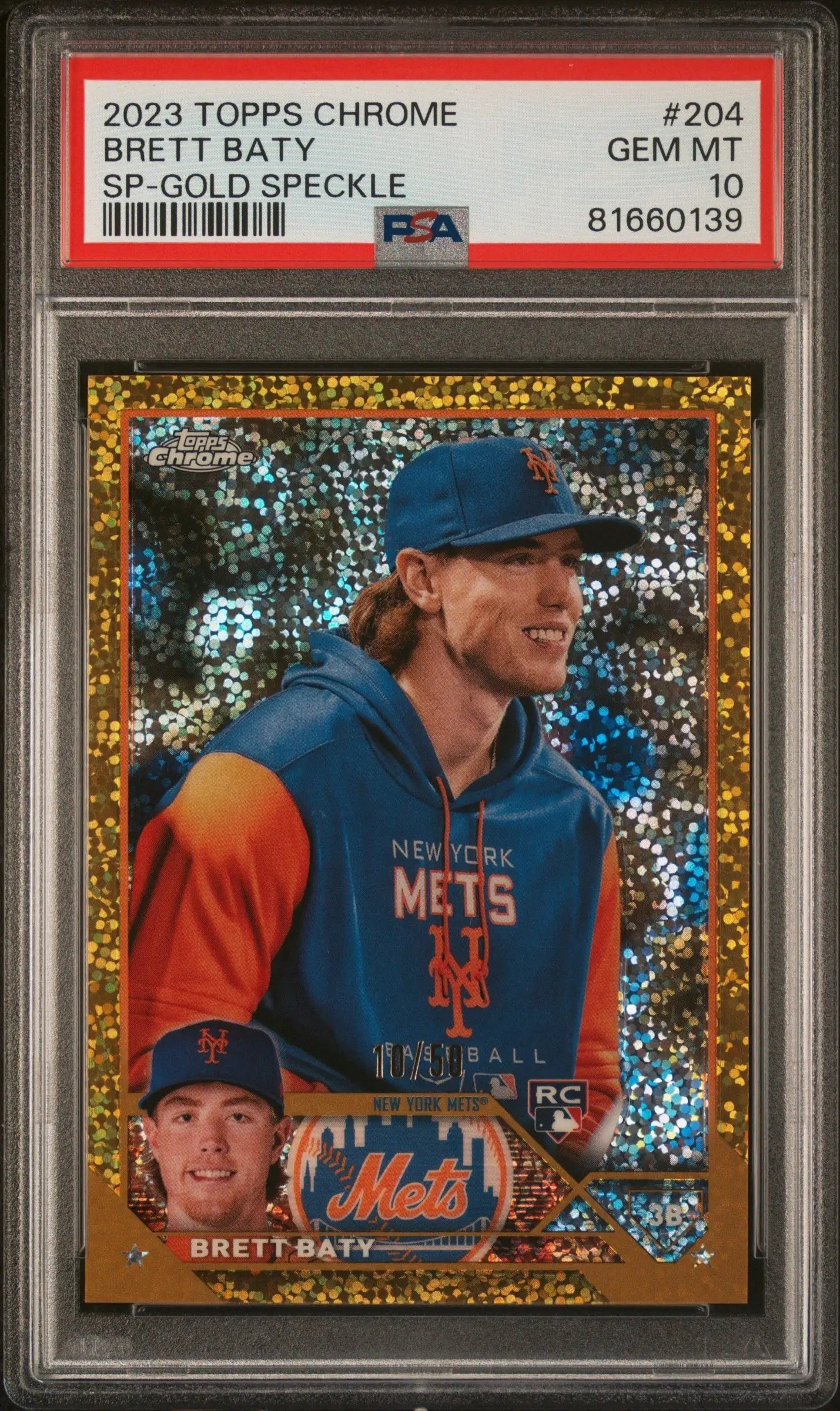 PSA 10 Gem Mint Brett Baty 2023 Topps Chrome SP-Gold Speckle baseball card