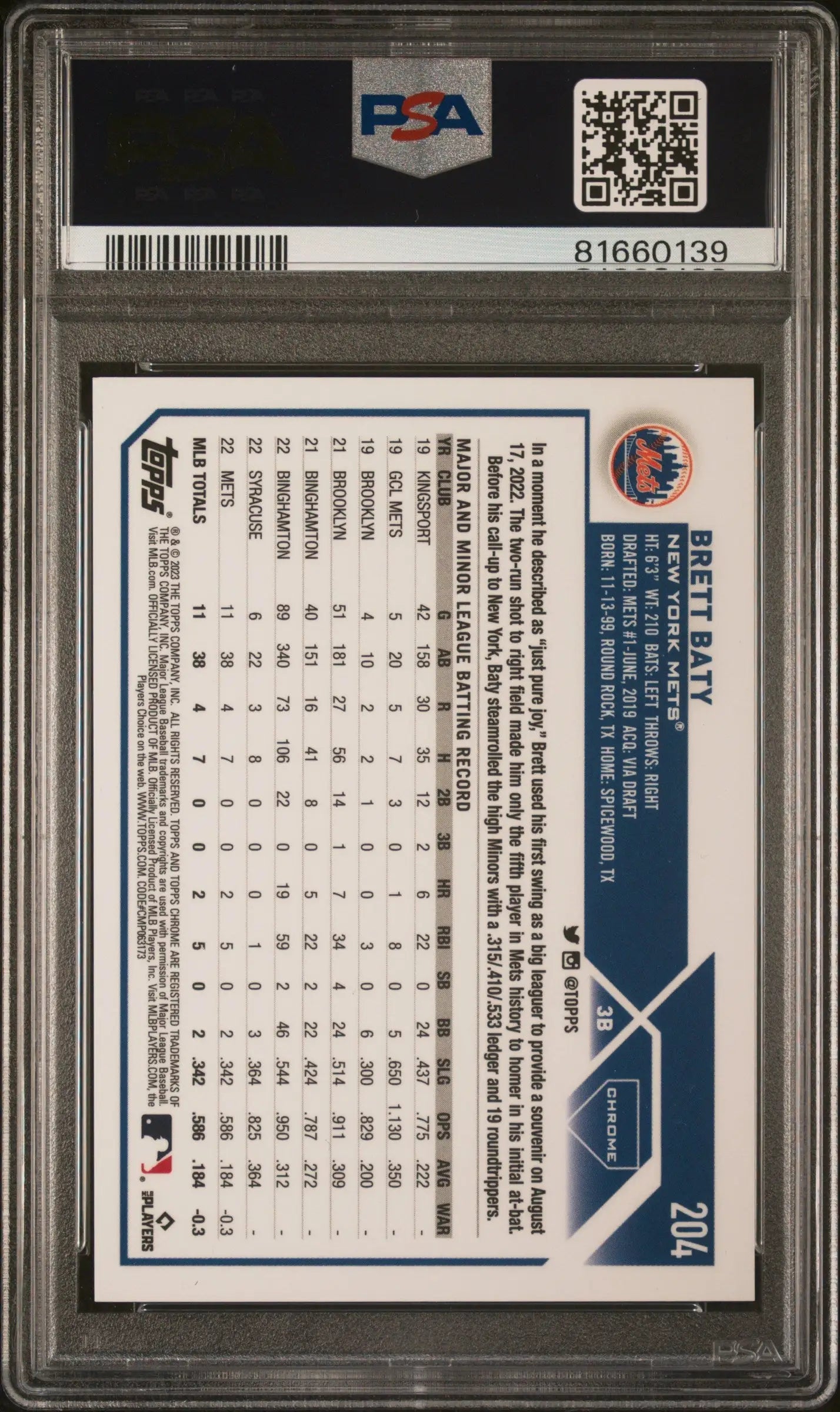Back side of Brett Baty 2023 Topps Chrome SP-Gold Speckle trading card in PSA 10 case
