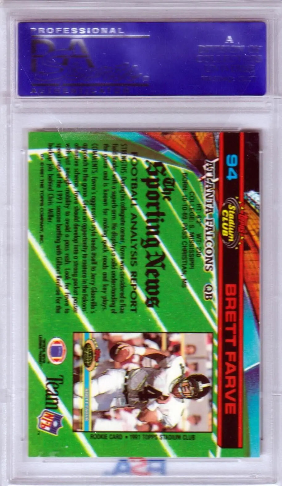 Brett Favre 1991 Topps Stadium Club Rookie card in protective case from Columbia Hobby