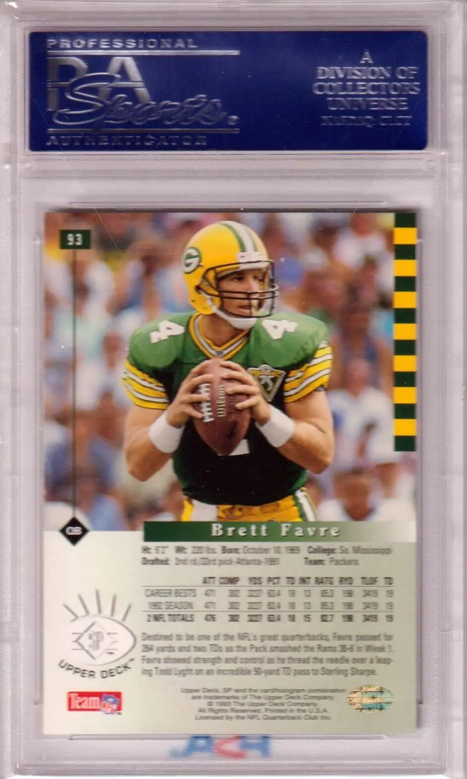 Brett Favre 1993 Upper Deck SP #93 PSA 10 single card in protective case from Columbia Hobby
