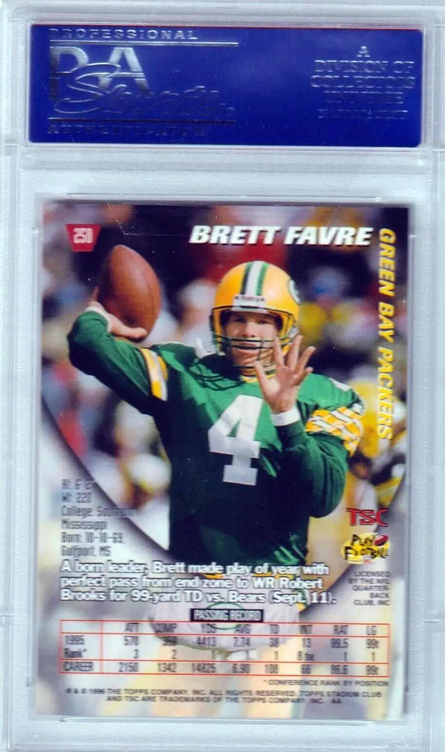 Brett Favre 1996 Topps Stadium Club #250 PSA 10 Gem Mint single card from Columbia Hobby
