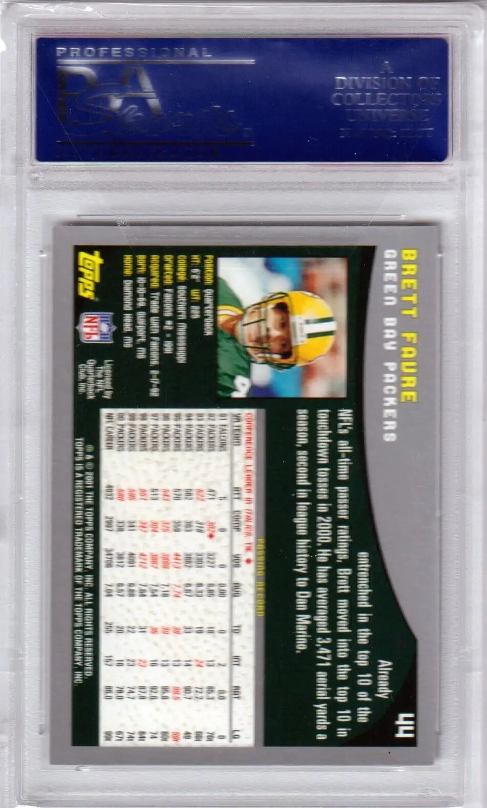 Graded Brett Favre 2001 Topps Collection #44 single card in protective case with stats