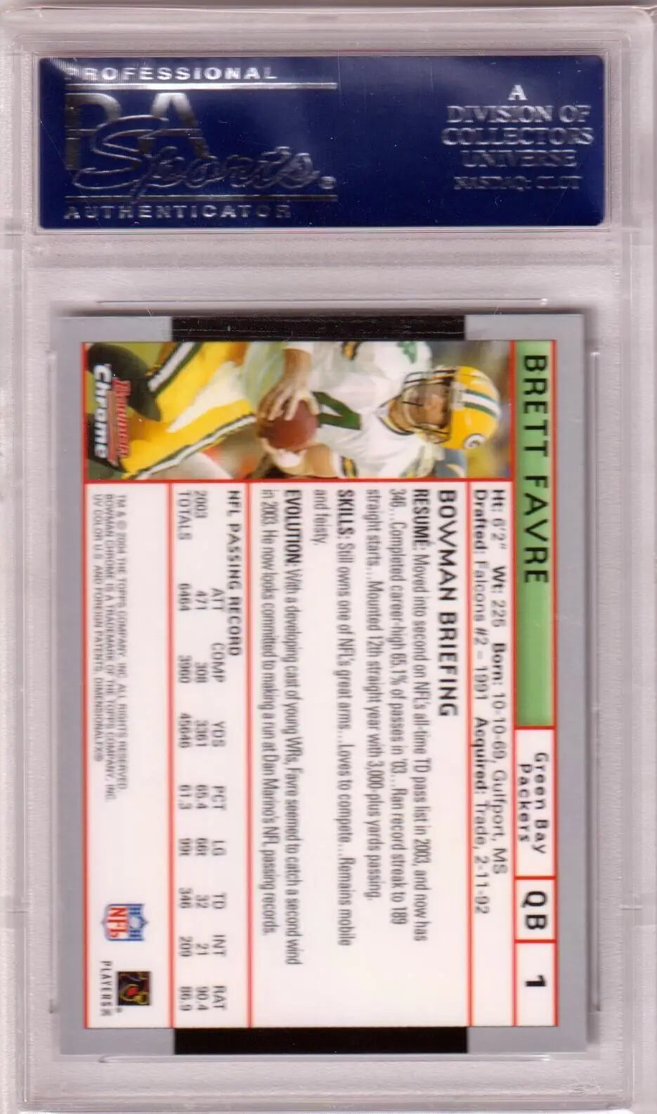 Brett Favre football card from Bowman Chrome in PSA 10 GEM MINT at Columbia Hobby
