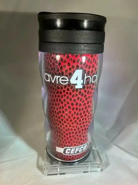 Red and black Brett Favre 4 Hope travel coffee mug Whirley Drink Works Green Bay Packers