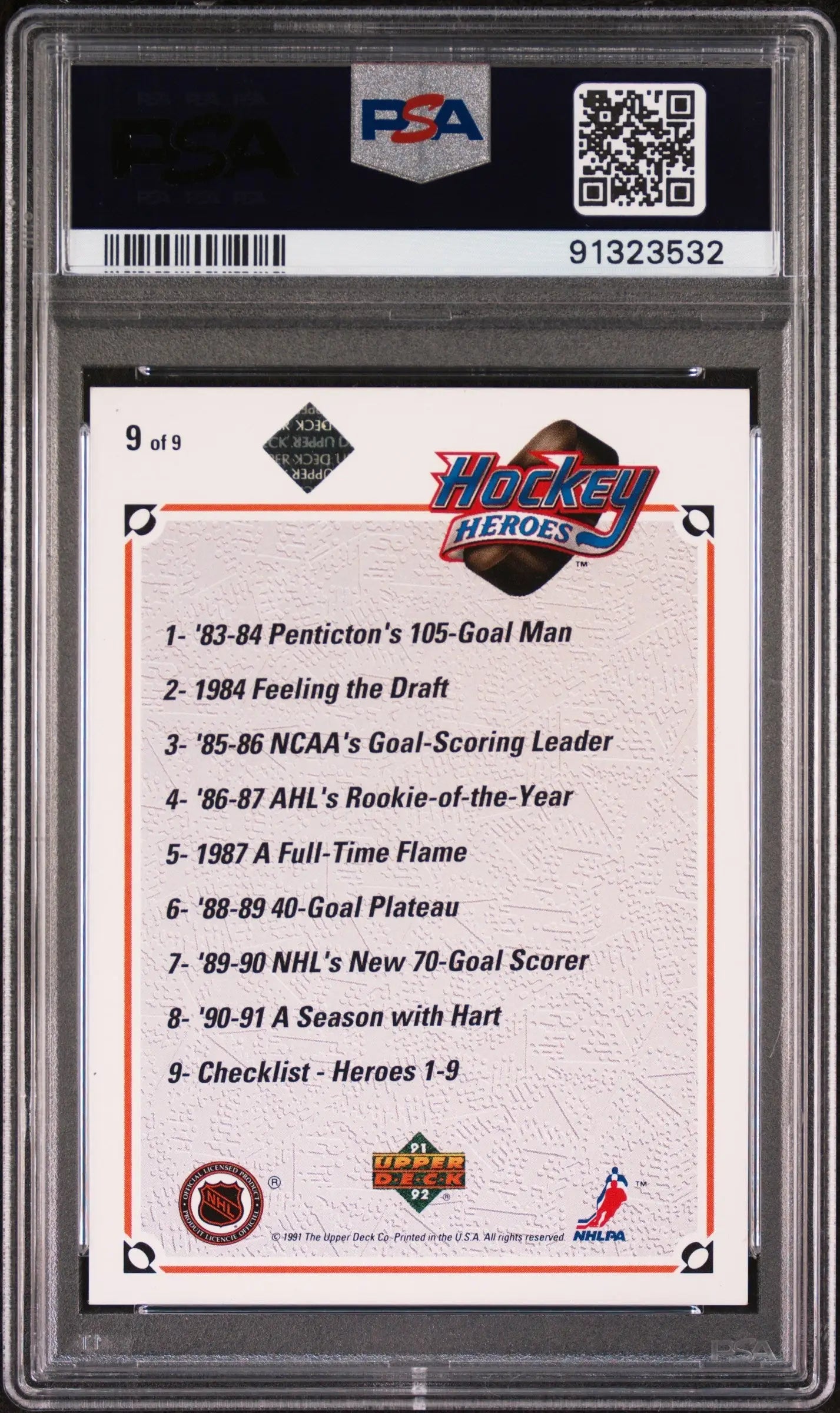 PSA-graded Brett Hull 1991 Upper Deck Heroes Autograph card showcasing achievements list