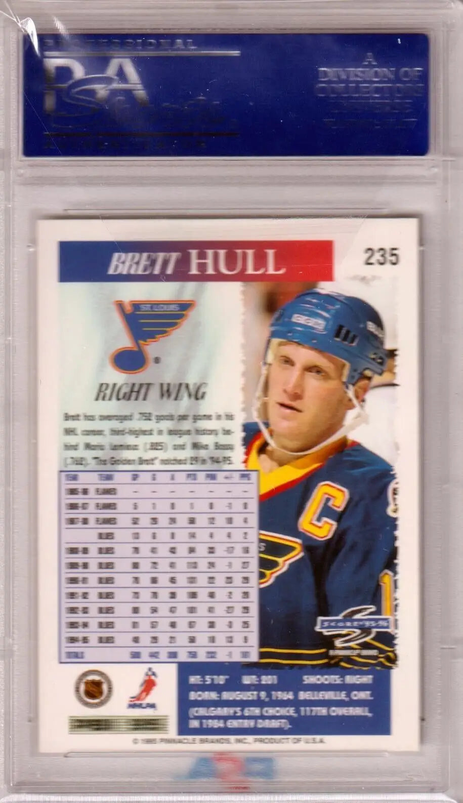 Hockey trading card of Brett Hull in Blues jersey with captain’s C, Box Free Shipping
