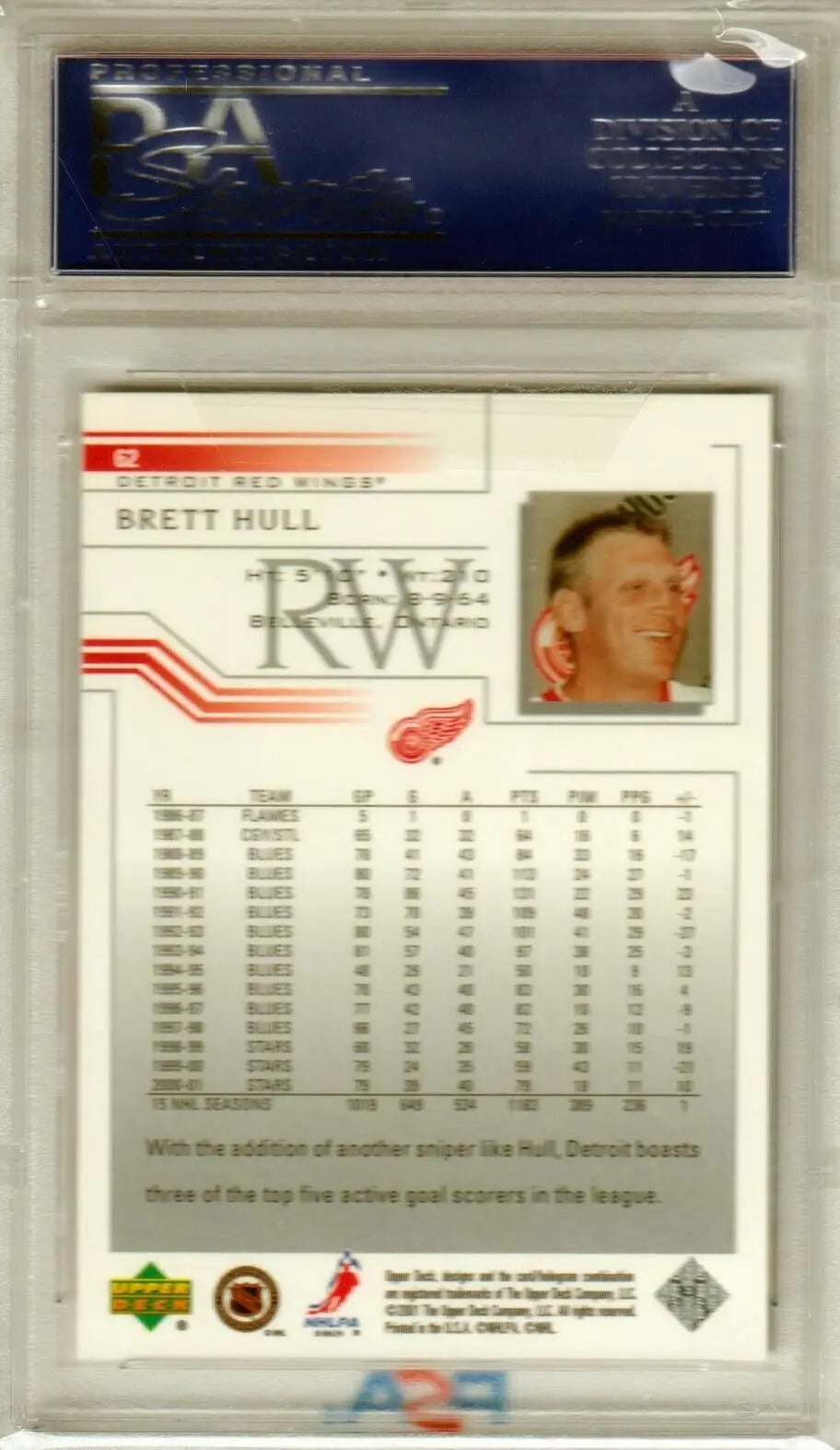 Brett Hull 2001 Upper Deck #62 PSA 10 GEM MINT Hockey card in protective case from Columbia Hobby