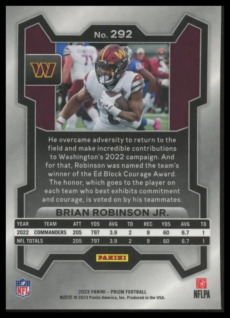 Collectible football trading card featuring Brian Robinson Jr. from Panini Prizm 2023