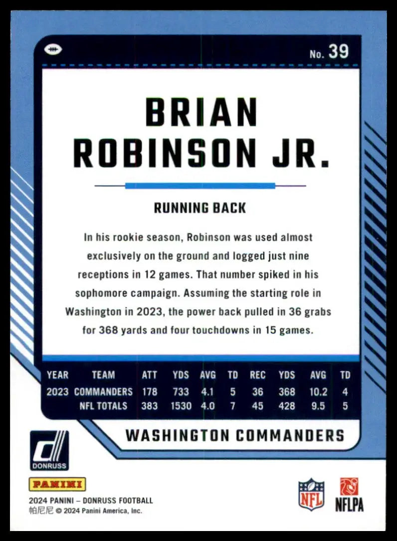 Brian Robinson Jr. 2024 Donruss football card featuring Washington Commanders player