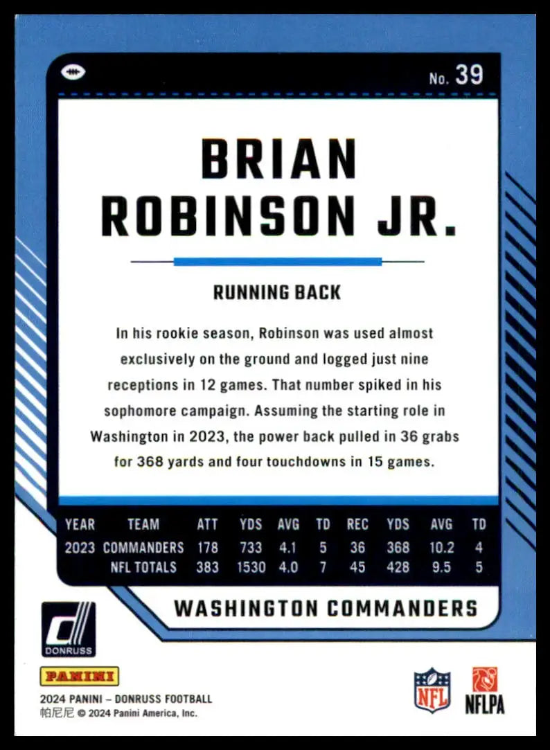 Brian Robinson Jr. football card from 2024 Donruss Washington Commanders series