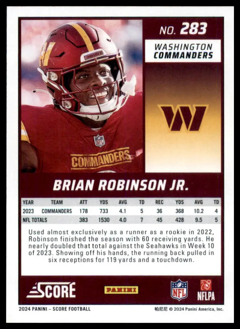 2024 Score Brian Robinson Jr. Washington Commanders trading card with stats and player image