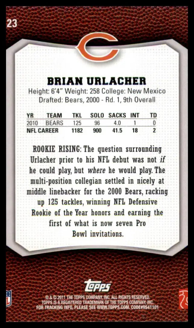 Brian Urlacher 2011 Topps Rising Rookies football card featuring Chicago Bears player